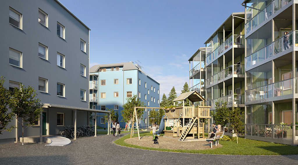Lekplats mellan husen, Södra Karlgårds BRF, Skellefteå. Visualisering Diakrit.